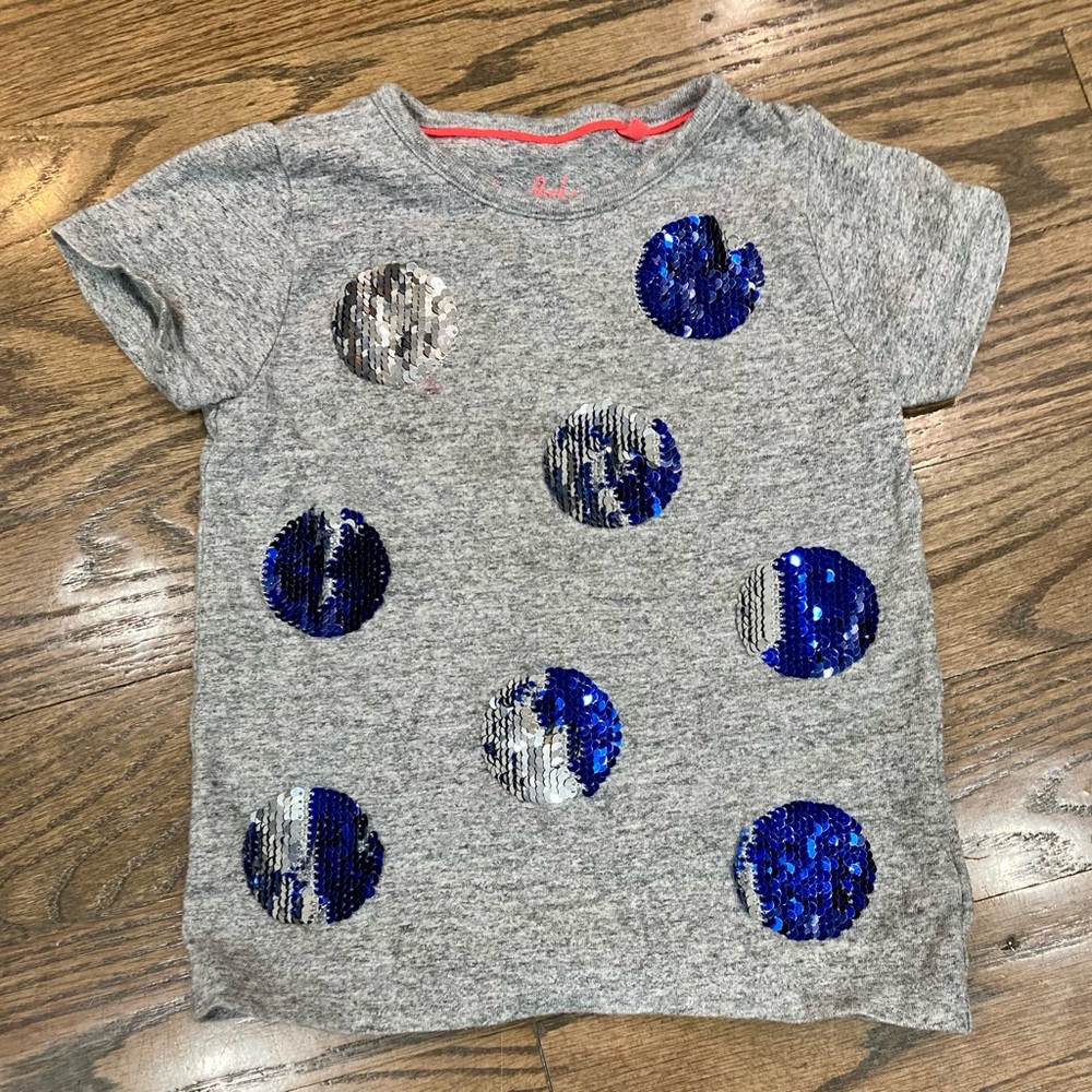 Girls Mini Boden Gray Sequin Polka Dot Tee - Blue & Silver size 3-4